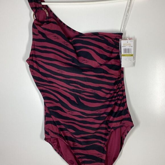 Michael Kors Maroon Animal Stripe Stretch Swimsuit - Picture 4 of 9